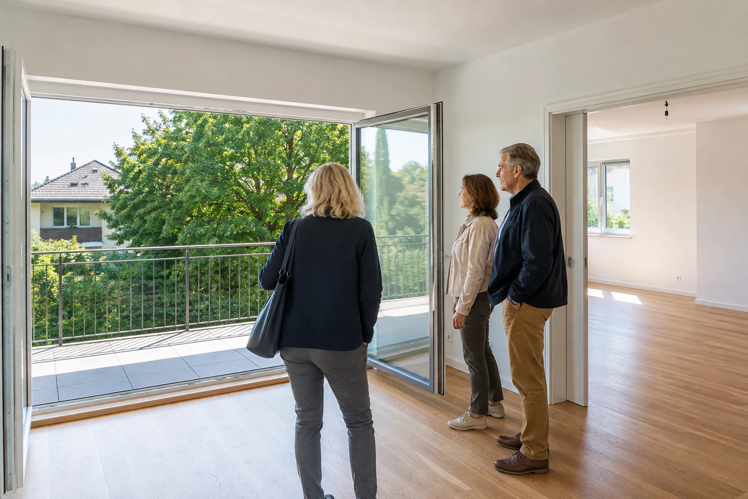 Paar besichtigt mit einer Begleitperson eine helle Wohnung mit Balkon