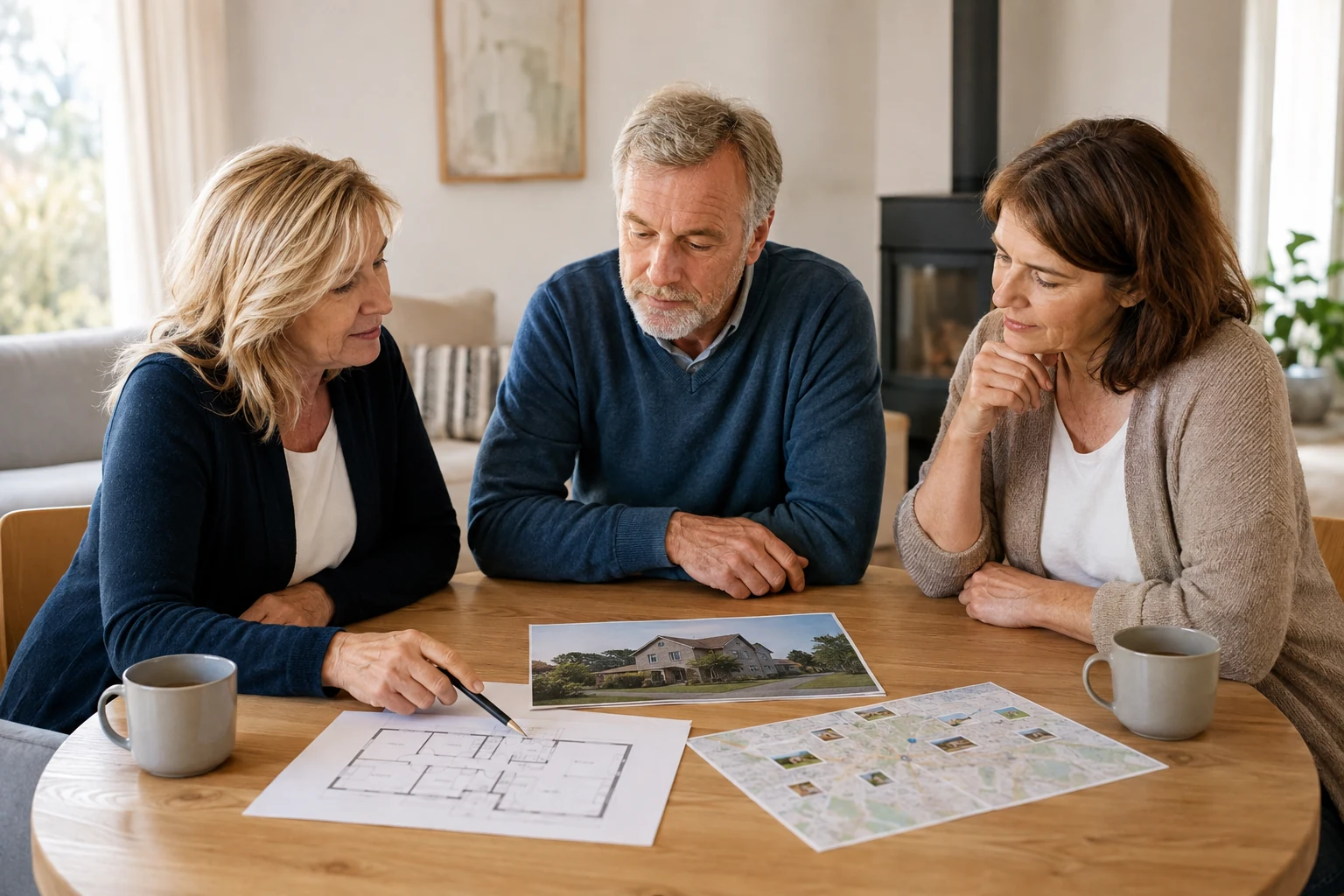 Paar und Beraterin besprechen Hausverkauf und neuen Wohnwunsch